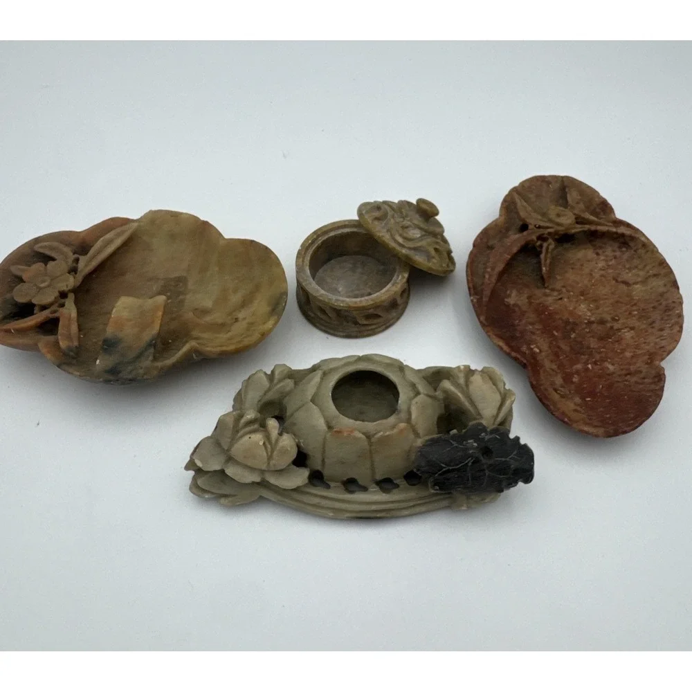 Lot of Four (4) Small Vintage Soapstone Motifs - Trinket Box Ashtray Inkwell